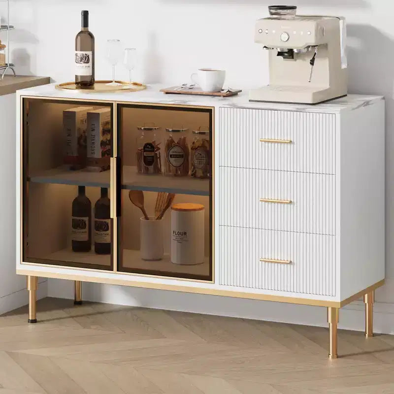 Credenza da buffet con cassetti, credenza da cucina grande da 117 cm con 2 ante in vetro, 3 cassetti e ripiani, tavolo da buffet