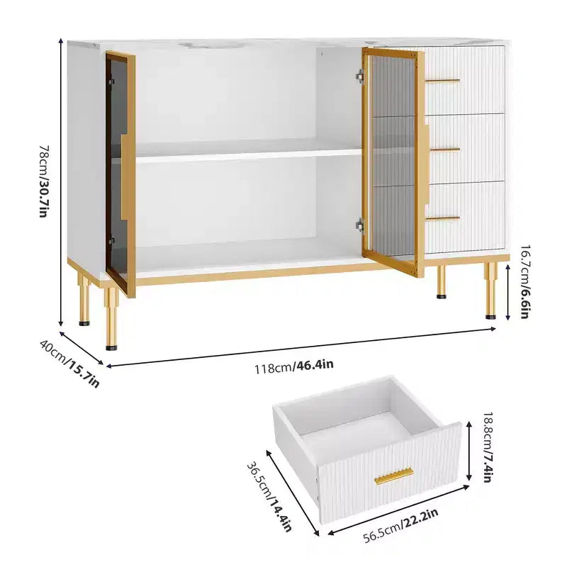 Credenza da buffet con cassetti, credenza da cucina grande da 117 cm con 2 ante in vetro, 3 cassetti e ripiani, tavolo da buffet