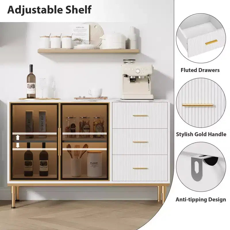 Credenza da buffet con cassetti, credenza da cucina grande da 117 cm con 2 ante in vetro, 3 cassetti e ripiani, tavolo da buffet