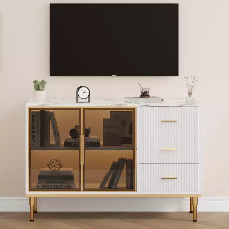Credenza da buffet con cassetti, credenza da cucina grande da 117 cm con 2 ante in vetro, 3 cassetti e ripiani, tavolo da buffet