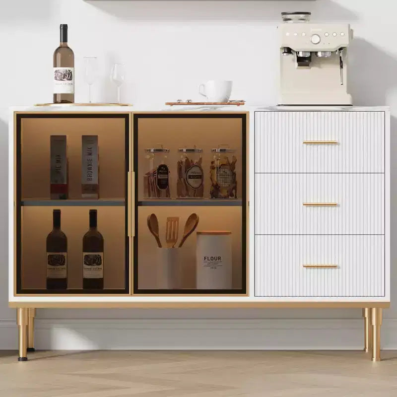 Credenza da buffet con cassetti, credenza da cucina grande da 117 cm con 2 ante in vetro, 3 cassetti e ripiani, tavolo da buffet