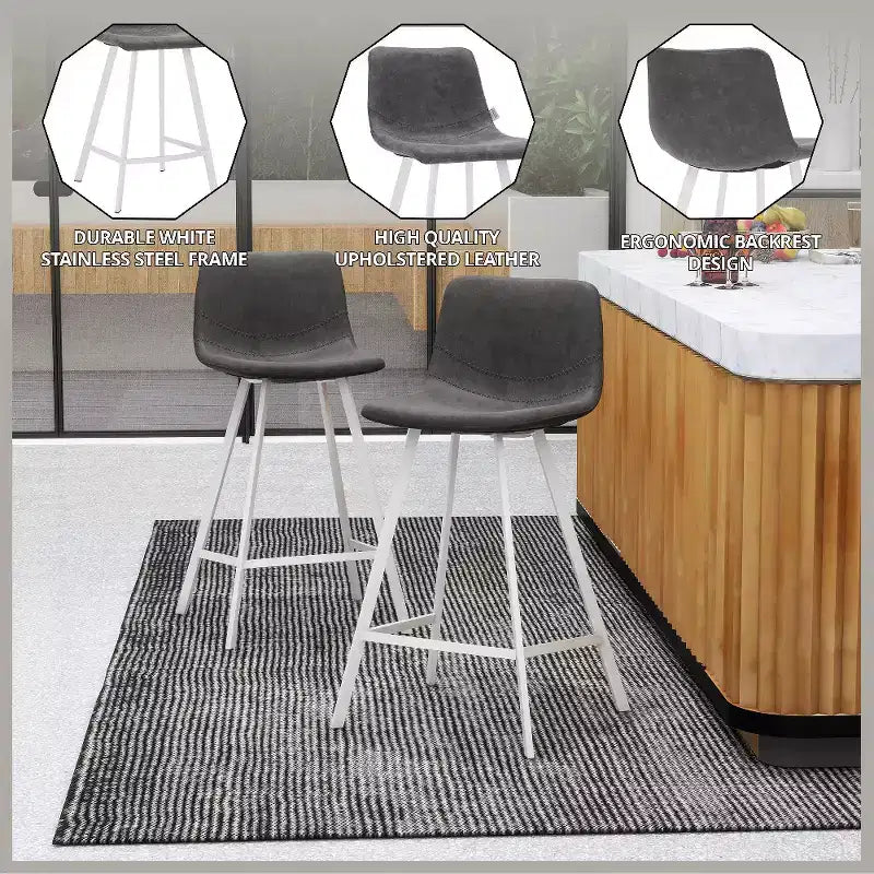 Sgabello da bar Elland in pelle - Sgabello moderno da bancone con gambe in acciaio inossidabile bianco per isola cucina o bar di casa, set da 2