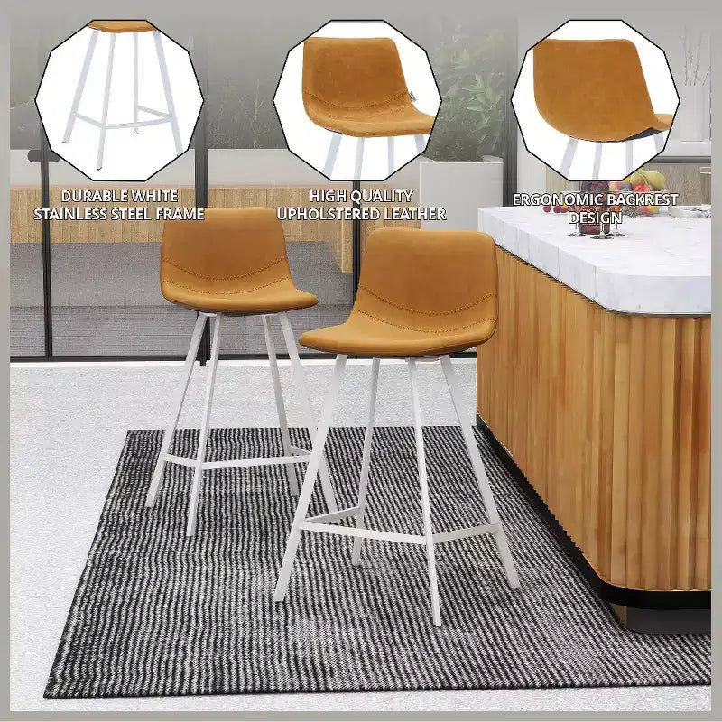 Sgabello da bar Elland in pelle - Sgabello moderno da bancone con gambe in acciaio inossidabile bianco per isola cucina o bar di casa, set da 2
