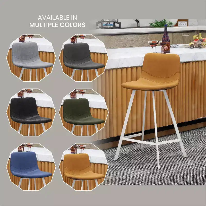 Sgabello da bar Elland in pelle - Sgabello moderno da bancone con gambe in acciaio inossidabile bianco per isola cucina o bar di casa, set da 2