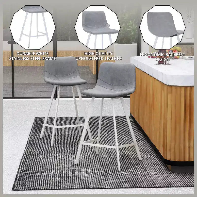 Sgabello da bar Elland in pelle - Sgabello moderno da bancone con gambe in acciaio inossidabile bianco per isola cucina o bar di casa, set da 2