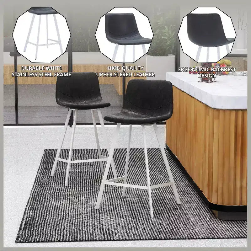Sgabello da bar Elland in pelle - Sgabello moderno da bancone con gambe in acciaio inossidabile bianco per isola cucina o bar di casa, set da 2