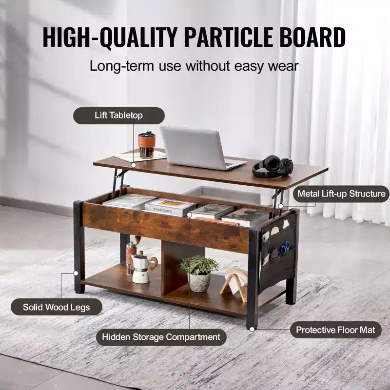 Tavolino da caffè sollevabile, tavolino rettangolare da 106 cm con tasche portaoggetti extra, tavolino a scomparsa per soggiorno, marrone