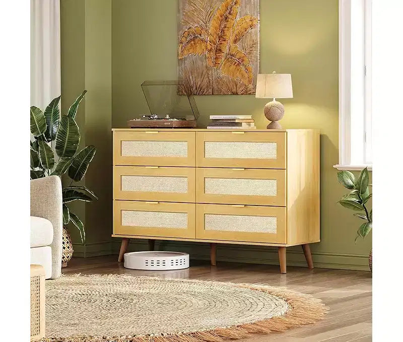 GALAXHERO Boho Rattan 6-Drawer Dresser  47.24'' Wide Storage Cabinet with Gold Handles, Fits 55'' TV, Ideal for Bedroom, Living Room,Light Oak