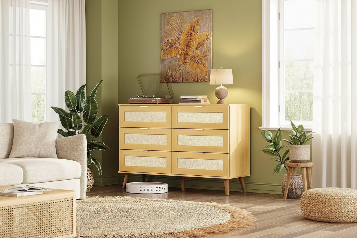 GALAXHERO Boho Rattan 6-Drawer Dresser  47.24'' Wide Storage Cabinet with Gold Handles, Fits 55'' TV, Ideal for Bedroom, Living Room,Light Oak