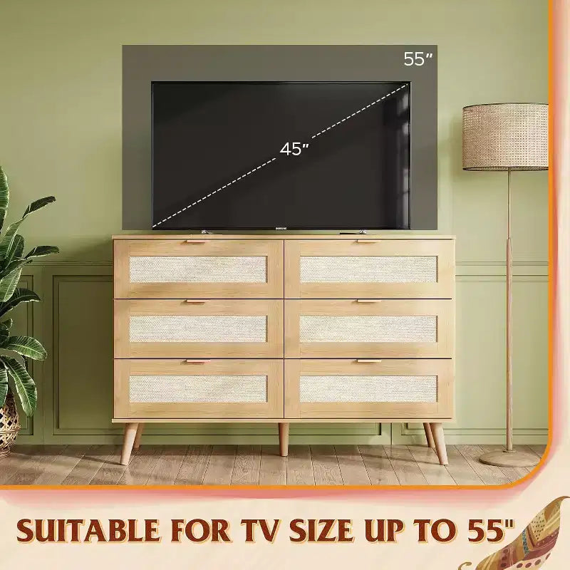 Cassettiera Boho in Rattan a 6 Cassetti, 120 cm di Larghezza, con Maniglie Dorate, Adatta per TV da 55'', Ideale per Camera da Letto, Soggiorno, Rovere Chiaro