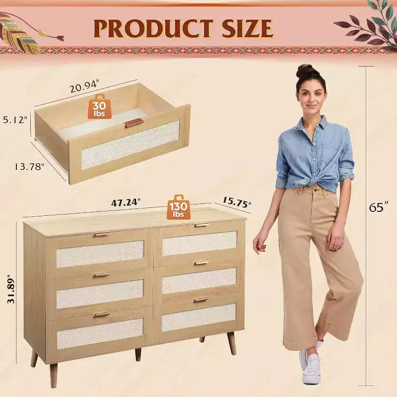Cassettiera Boho in Rattan a 6 Cassetti, 120 cm di Larghezza, con Maniglie Dorate, Adatta per TV da 55'', Ideale per Camera da Letto, Soggiorno, Rovere Chiaro