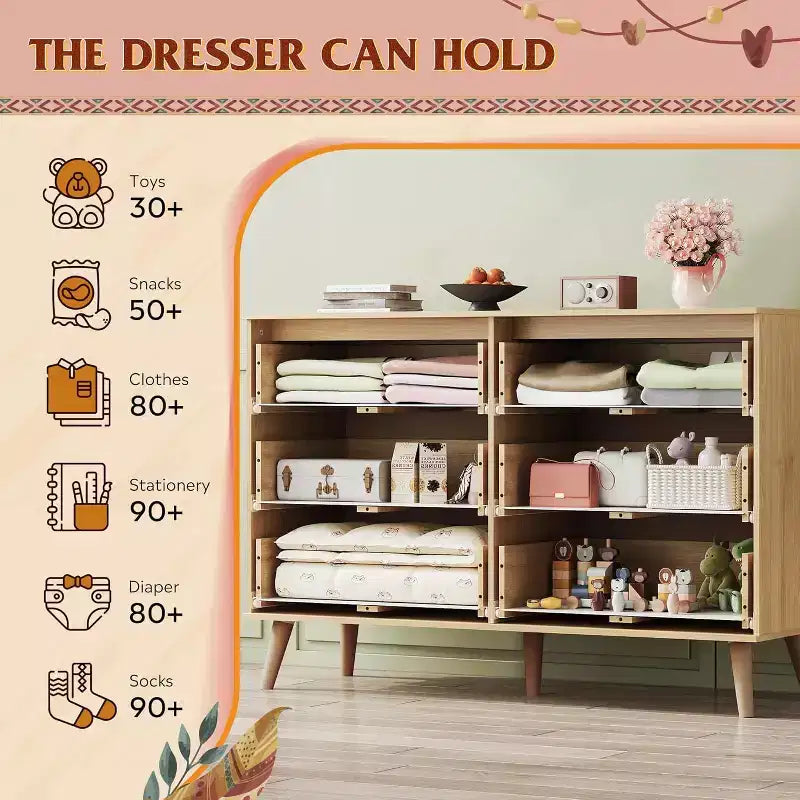 Cassettiera Boho in Rattan a 6 Cassetti, 120 cm di Larghezza, con Maniglie Dorate, Adatta per TV da 55'', Ideale per Camera da Letto, Soggiorno, Rovere Chiaro