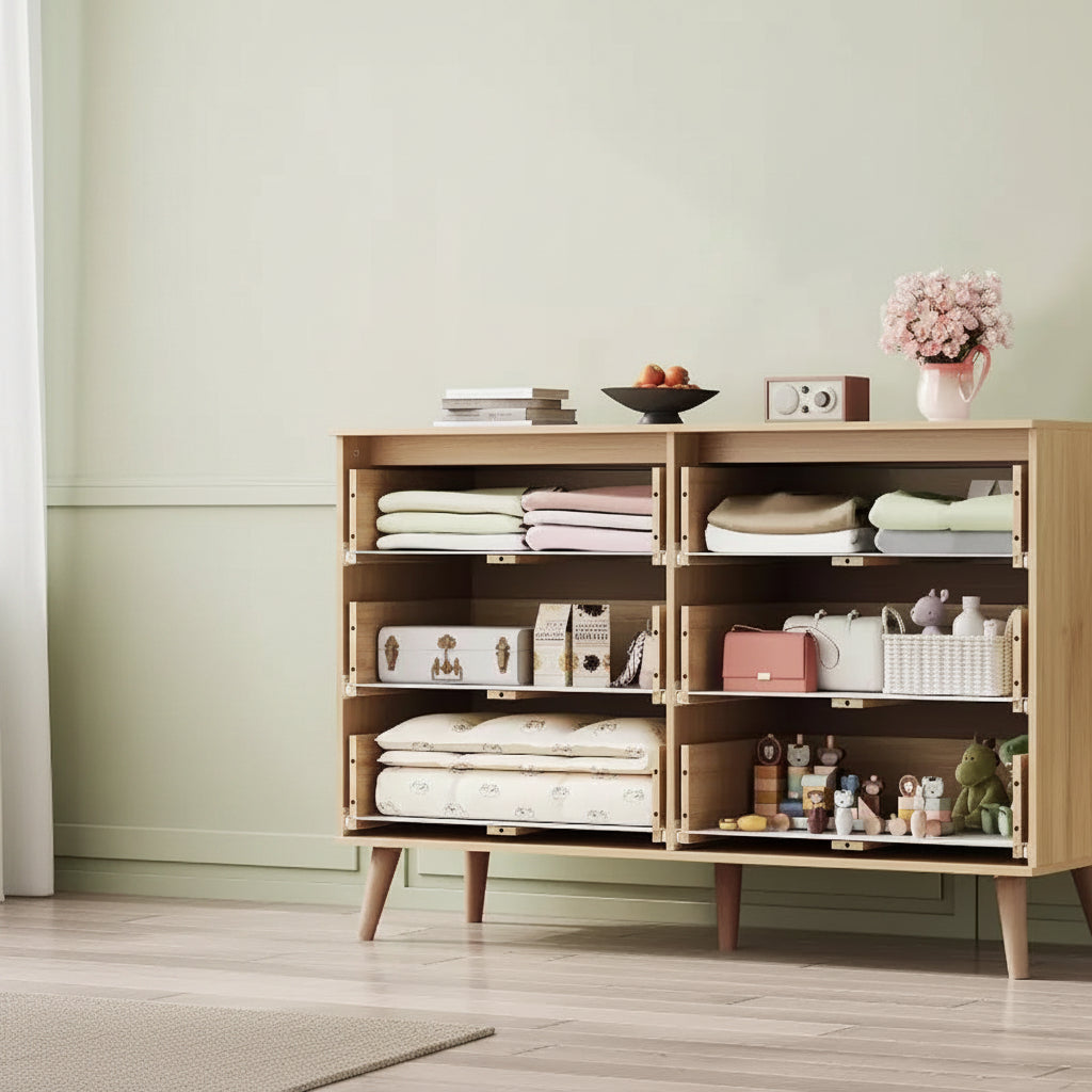 Cassettiera Boho in Rattan a 6 Cassetti, 120 cm di Larghezza, con Maniglie Dorate, Adatta per TV da 55'', Ideale per Camera da Letto, Soggiorno, Rovere Chiaro