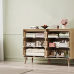 Cassettiera Boho in Rattan a 6 Cassetti, 120 cm di Larghezza, con Maniglie Dorate, Adatta per TV da 55'', Ideale per Camera da Letto, Soggiorno, Rovere Chiaro