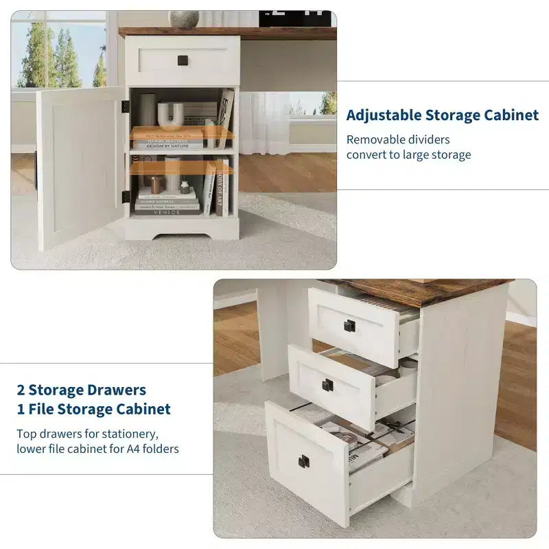 Scrivania direzionale a L da 152 cm, scrivania da ufficio con cassetti per documenti e mobiletto, scrivania angolare per computer con mobiletto laterale regolabile