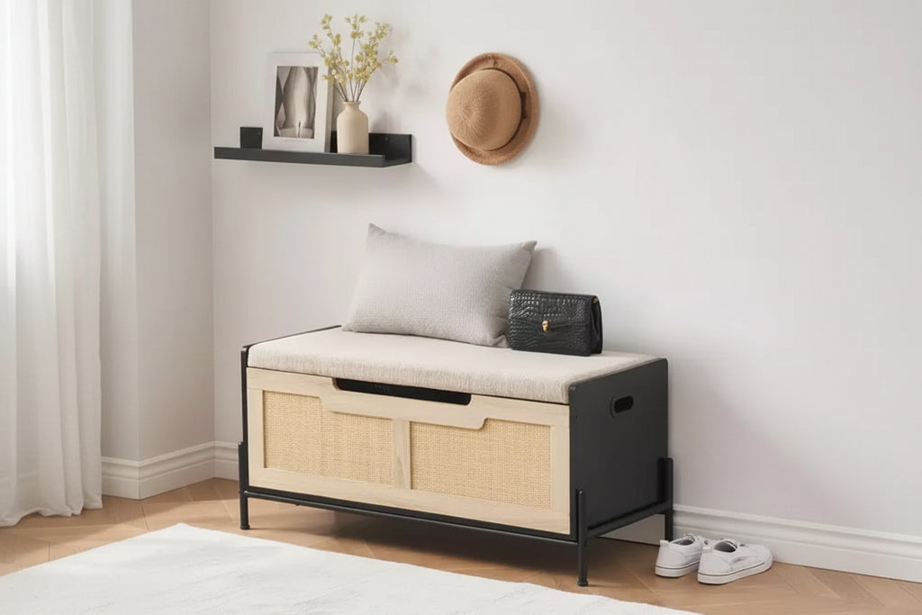 39.4 Inch Storage Ottoman, Large Rattan Bench,Square Rattan Foot Rest Stool, Foot Rest Stool, Bedroom Bench