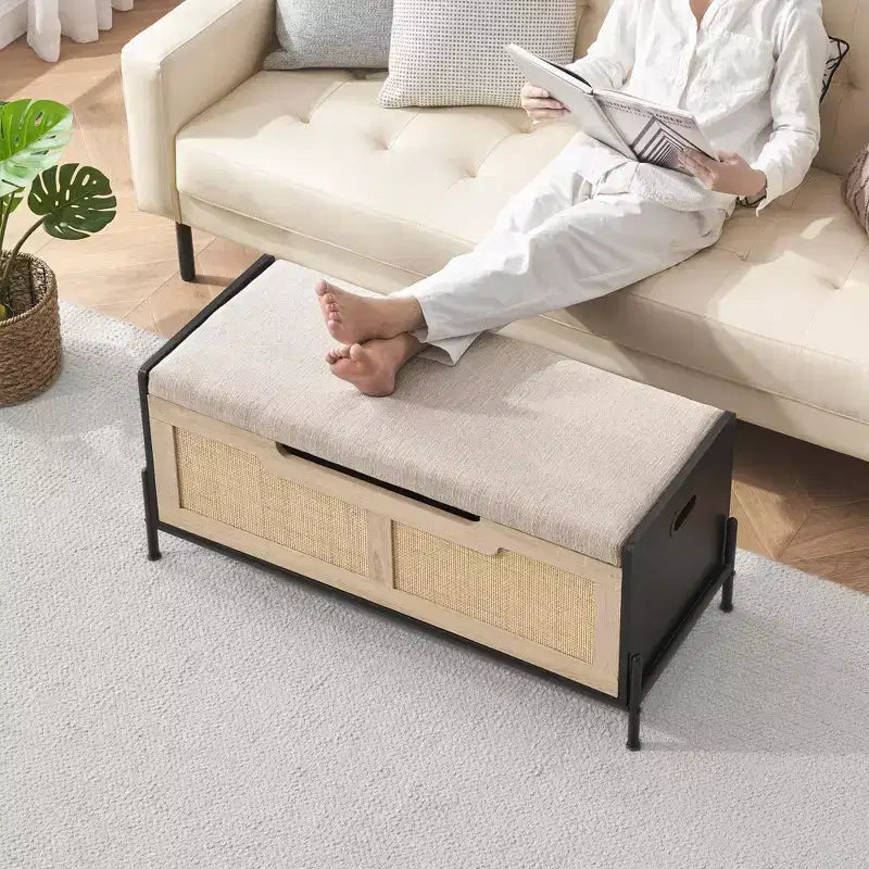 Panca Contenitore da 100 cm, Grande Panca in Rattan, Sgabello Poggiapiedi Quadrato in Rattan, Sgabello Poggiapiedi, Panca da Camera da Letto