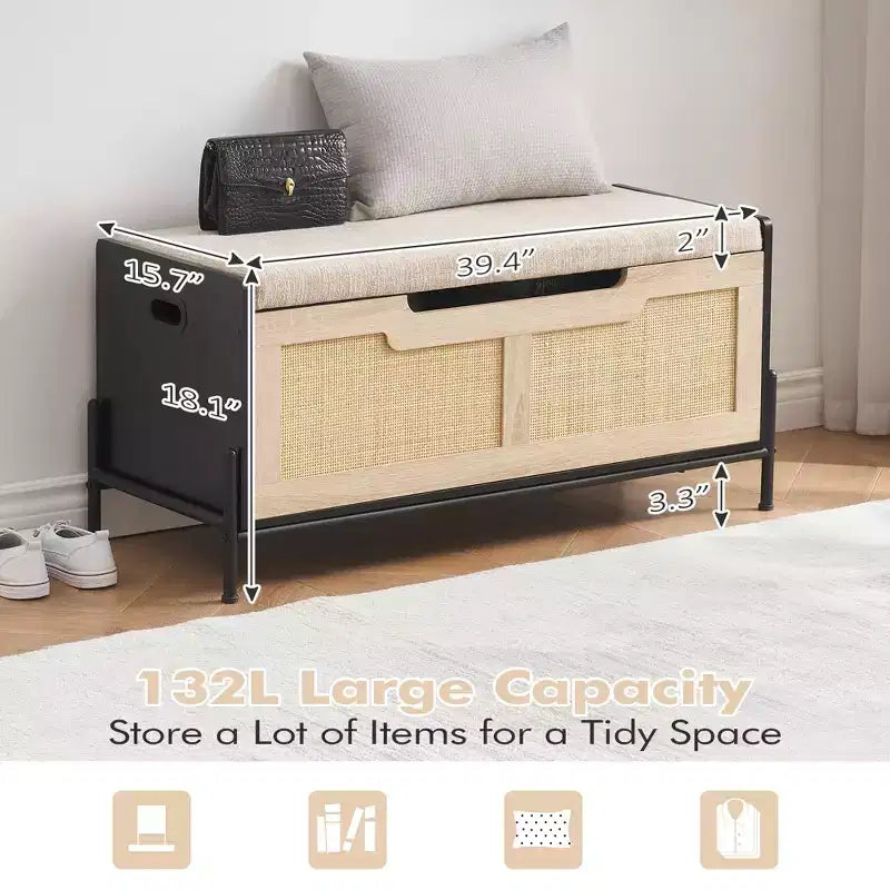 Panca Contenitore da 100 cm, Grande Panca in Rattan, Sgabello Poggiapiedi Quadrato in Rattan, Sgabello Poggiapiedi, Panca da Camera da Letto