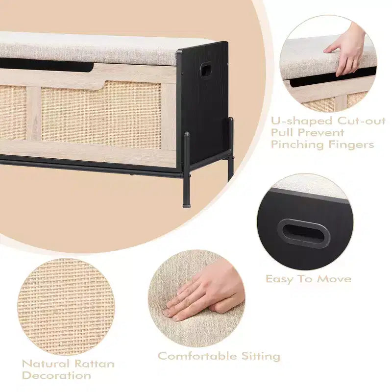 Panca Contenitore da 100 cm, Grande Panca in Rattan, Sgabello Poggiapiedi Quadrato in Rattan, Sgabello Poggiapiedi, Panca da Camera da Letto