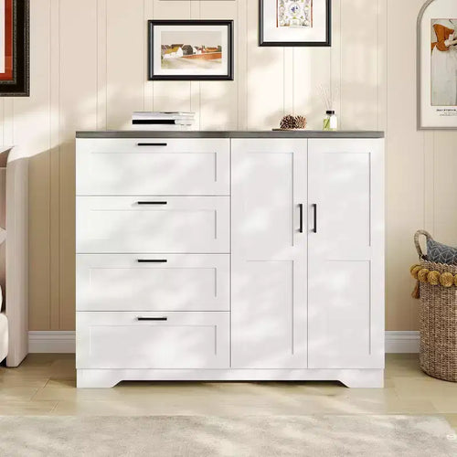 Cassettiera in legno multifunzione da 43,3'' H, armadio guardaroba a 2 ante con 4 cassetti e asta appendiabiti, mobile basso contenitore per vestiti da appendere