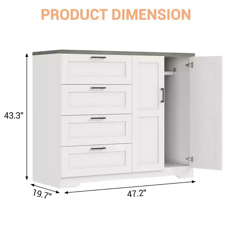 Cassettiera in legno multifunzione da 43,3'' H, armadio guardaroba a 2 ante con 4 cassetti e asta appendiabiti, mobile basso contenitore per vestiti da appendere