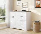 Cassettiera in legno multifunzione da 43,3'' H, armadio guardaroba a 2 ante con 4 cassetti e asta appendiabiti, mobile basso contenitore per vestiti da appendere