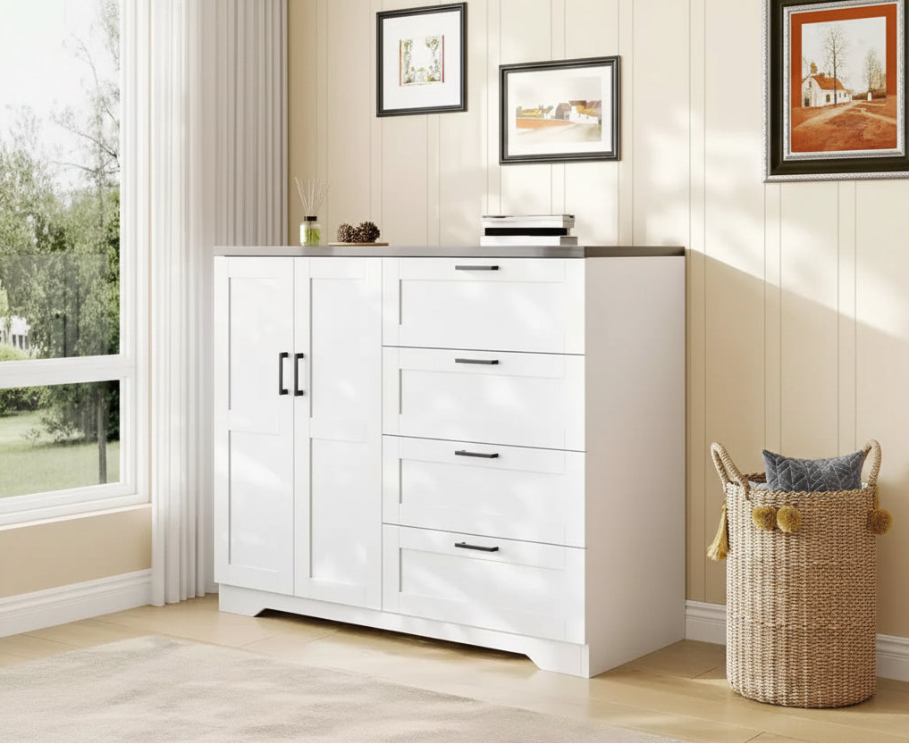 Cassettiera in legno multifunzione da 43,3'' H, armadio guardaroba a 2 ante con 4 cassetti e asta appendiabiti, mobile basso contenitore per vestiti da appendere