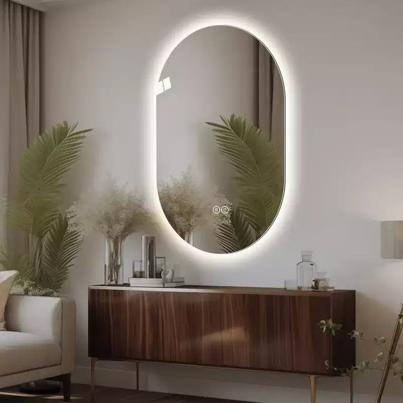 Specchio da bagno ovale moderno a LED anti-appannamento con modalità di illuminazione regolabili