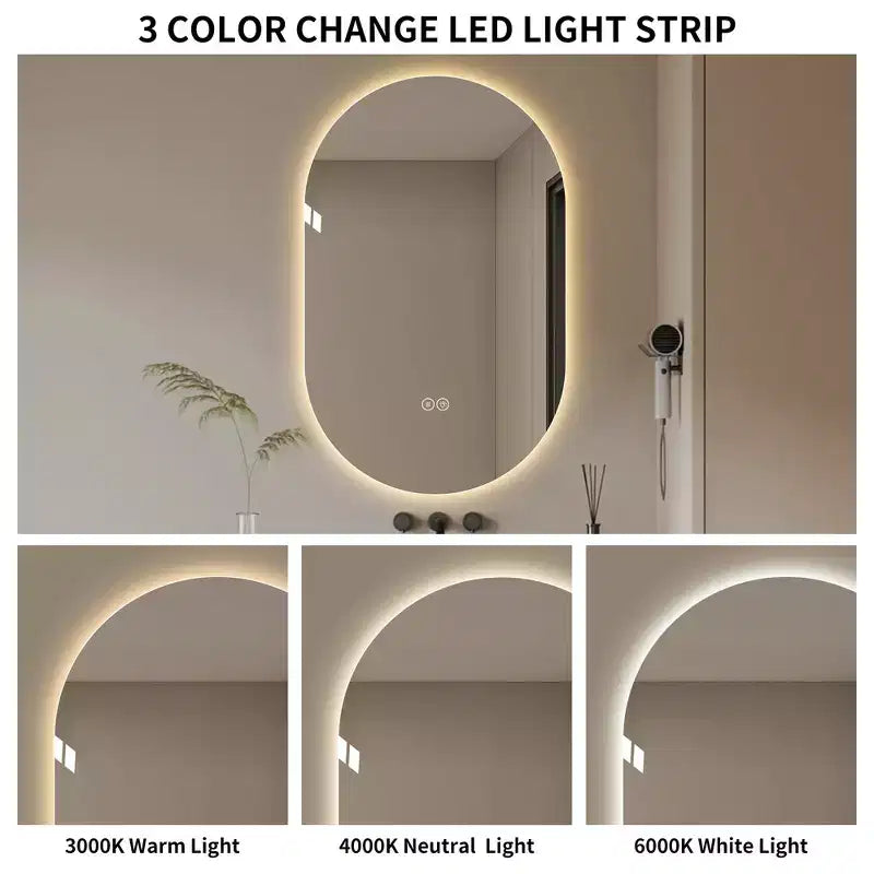 Specchio da bagno ovale moderno a LED anti-appannamento con modalità di illuminazione regolabili
