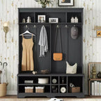 Okak Modern Hall Tree with 6 Metal Hooks and Ample Storage, Coat Rack with Shoe Cubbies and Bench, Coat Tree for Living Room, Entryway, Black