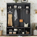 Okak Modern Hall Tree with 6 Metal Hooks and Ample Storage, Coat Rack with Shoe Cubbies and Bench, Coat Tree for Living Room, Entryway, Black