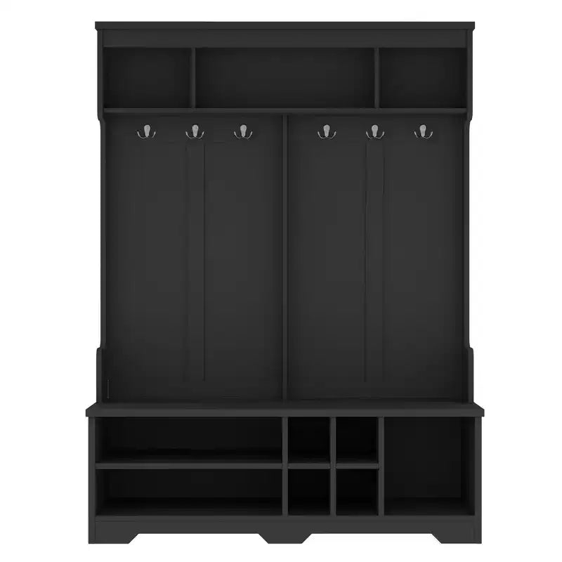 Appendiabiti da Ingresso Moderno con 6 Ganci in Metallo e Ampio Spazio di Archiviazione, Appendiabiti con Scomparti Porta Scarpe e Panca, per Soggiorno, Ingresso, Nero