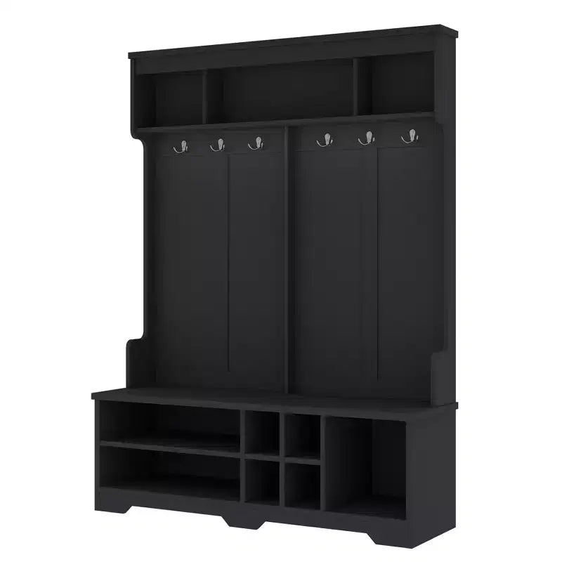 Appendiabiti moderno con 6 ganci in metallo e ampio spazio di archiviazione, attacca cappotti con scomparti per scarpe e panca, appendiabiti per soggiorno, ingresso, nero
