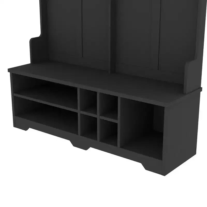Appendiabiti moderno con 6 ganci in metallo e ampio spazio di archiviazione, attacca cappotti con scomparti per scarpe e panca, appendiabiti per soggiorno, ingresso, nero