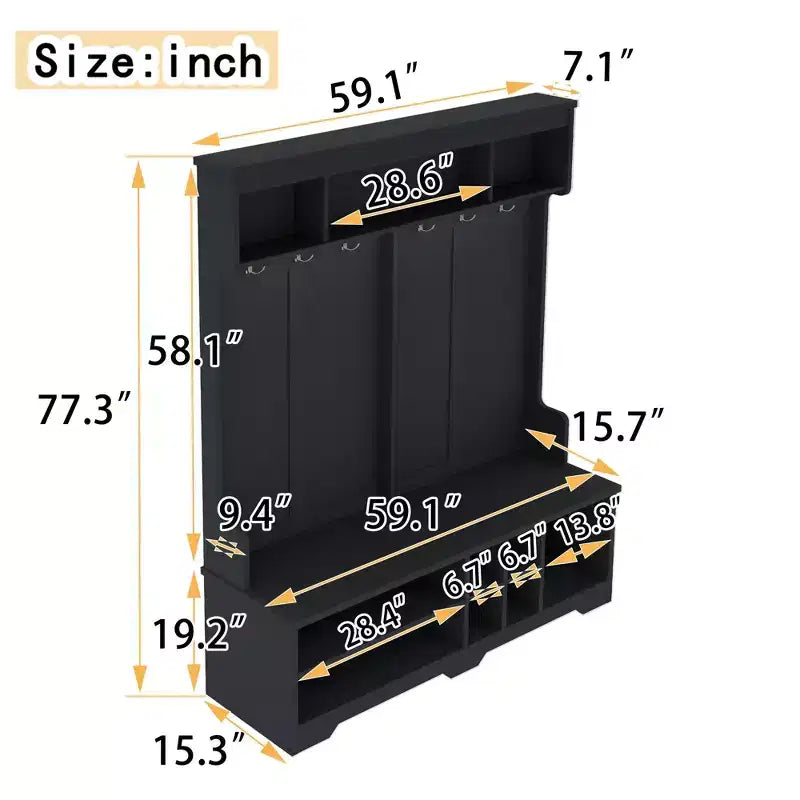 Appendiabiti da Ingresso Moderno con 6 Ganci in Metallo e Ampio Spazio di Archiviazione, Appendiabiti con Scomparti Porta Scarpe e Panca, per Soggiorno, Ingresso, Nero