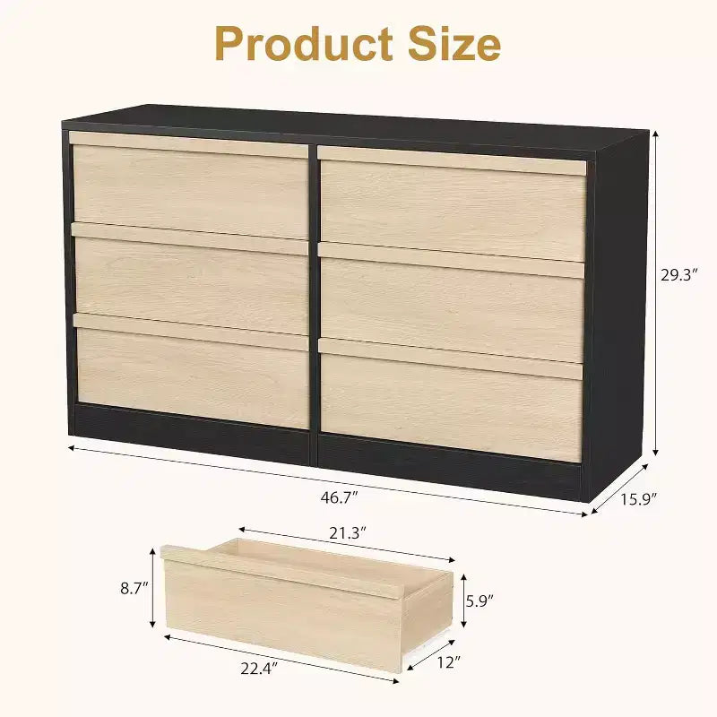 Comò a 6 cassetti per camera da letto, Comò doppio moderno con 6 cassetti, Cassettiera in legno per soggiorno, ingresso, corridoio
