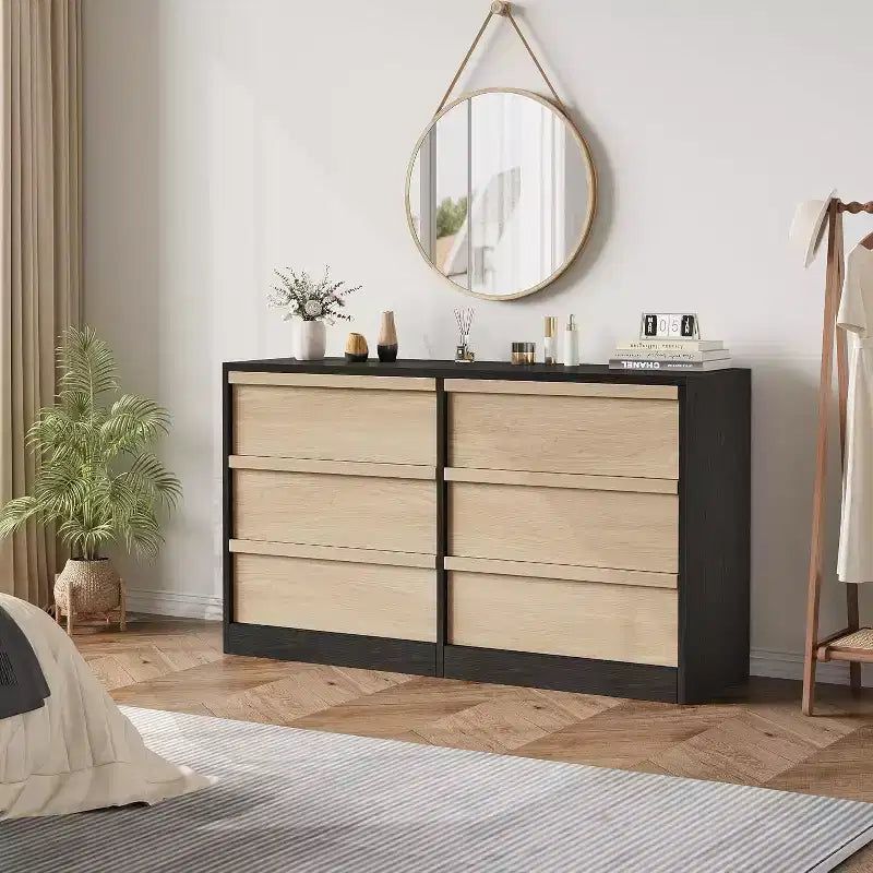 Comò a 6 cassetti per camera da letto, Comò doppio moderno con 6 cassetti, Cassettiera in legno per soggiorno, ingresso, corridoio
