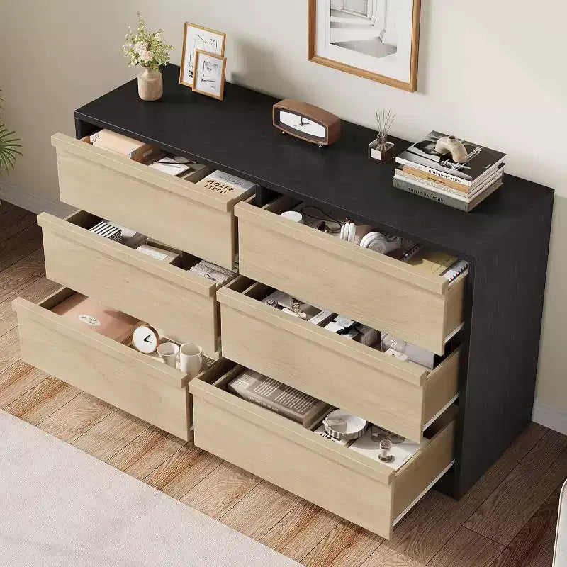 Comò a 6 cassetti per camera da letto, Comò doppio moderno con 6 cassetti, Cassettiera in legno per soggiorno, ingresso, corridoio