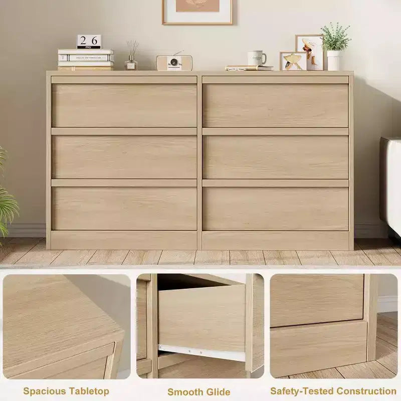 Comò a 6 cassetti per camera da letto, Comò doppio moderno con 6 cassetti, Cassettiera in legno per soggiorno, ingresso, corridoio