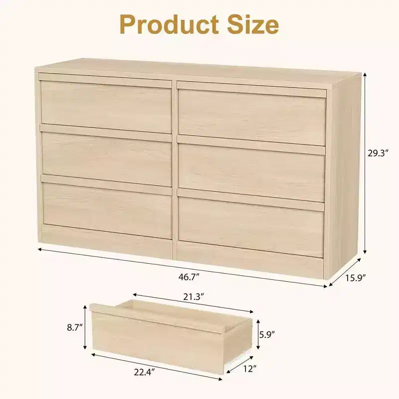Comò a 6 cassetti per camera da letto, Comò doppio moderno con 6 cassetti, Cassettiera in legno per soggiorno, ingresso, corridoio