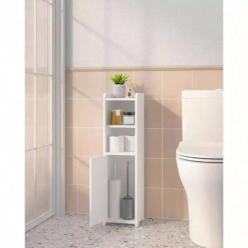 Mobiletto da Bagno ad Angolo con Ante, Ripiani Regolabili, Armadietto Stretto per Carta Igienica, Ideale per Spazi Piccoli, Bianco
