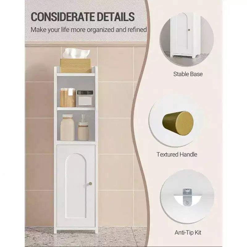 Mobiletto da Bagno ad Angolo con Ante, Ripiani Regolabili, Armadietto Stretto per Carta Igienica, Ideale per Spazi Piccoli, Bianco