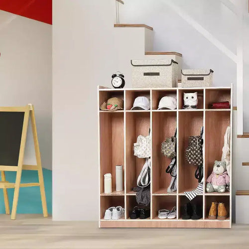 Guardaroba a 5 sezioni con ruote, armadietto in legno per riporre oggetti in aula con superficie smaltata, contenitore mobile, kit anti-ribaltamento, 5 ganci 10 scomparti