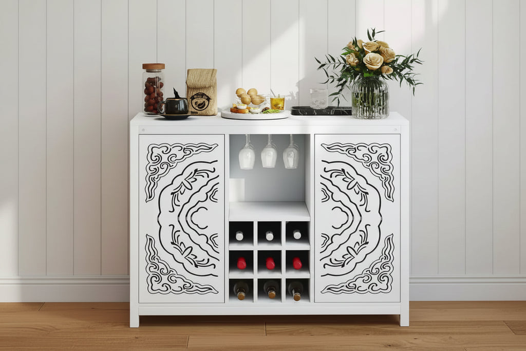 AEELLEEA Wine Bar Cabinet with 2 Doors MDF Buffet Storage Liquor Cabinet with Wine Rack and Glass Holder for Living Dining Room Kitchen White