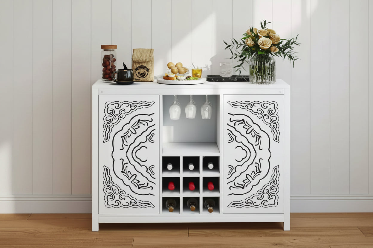 AEELLEEA Wine Bar Cabinet with 2 Doors MDF Buffet Storage Liquor Cabinet with Wine Rack and Glass Holder for Living Dining Room Kitchen White
