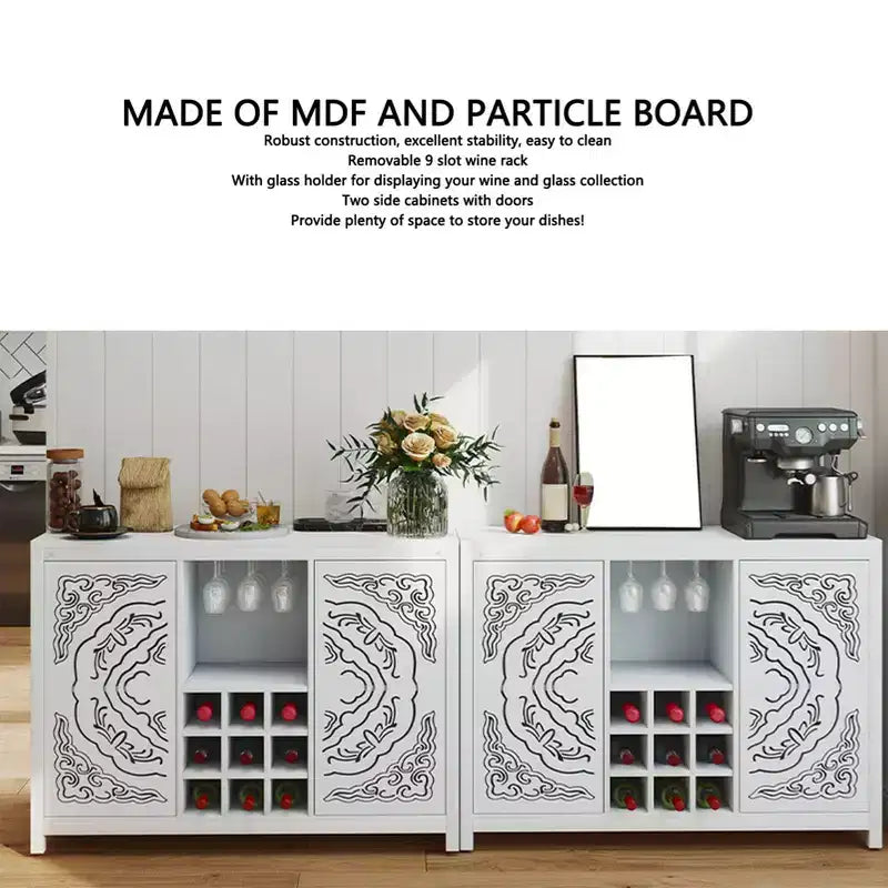 Mobile Bar con 2 Ante, Mobile Contenitore a Buffet in MDF per Liquori con Portabottiglie e Porta Bicchieri per Soggiorno, Sala da Pranzo, Cucina, Bianco