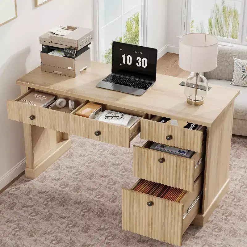 Scrivania direzionale moderna da 54'' con mobiletto contenitore e cassetto C marrone, scrivania scanalata per computer per ufficio, studio, soggiorno