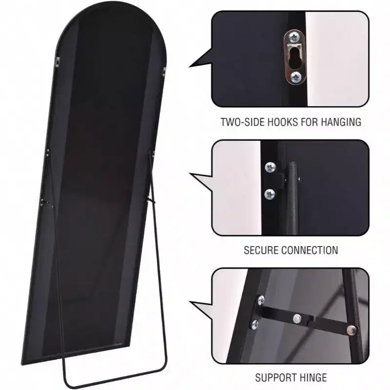 Specchio ad arco a figura intera Specchio da terra con supporto 45x147 cm Specchio da parete nero Specchio da camera da letto a figura intera Grandi dimensioni Cornice robusta