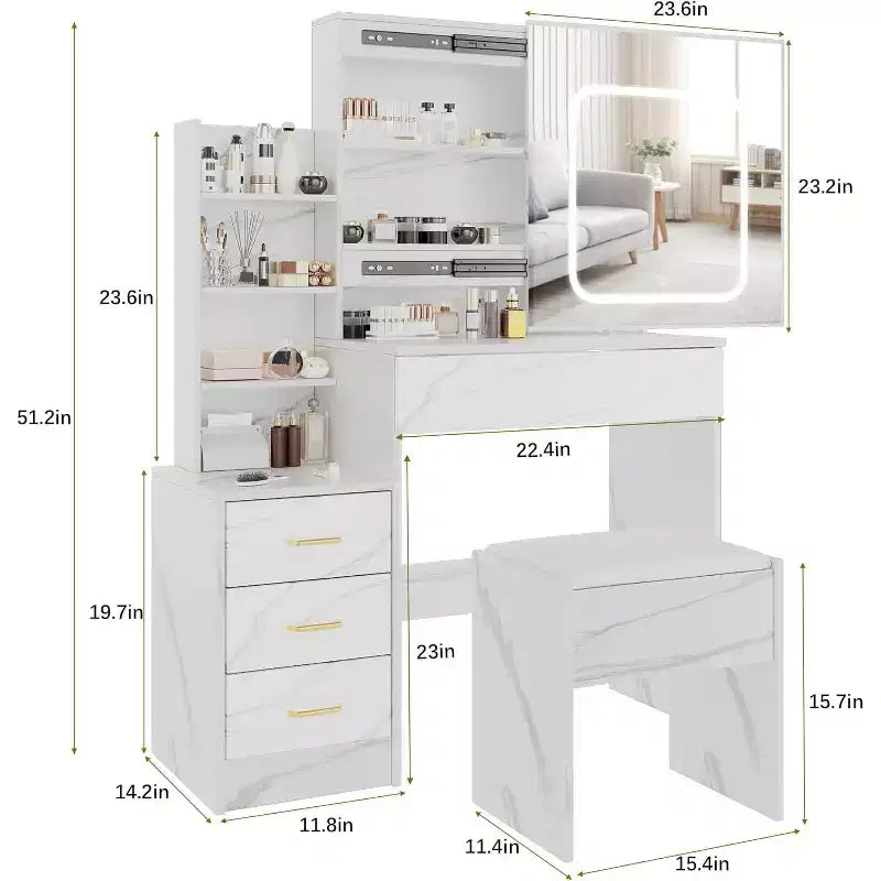 Toeletta con Specchio Scorrevole a LED, 4 Cassetti, Ripiani Portaoggetti, Presa di Corrente e Sgabello, Tavolo da Trucco per Camera da Letto, 3 Colori di Luce