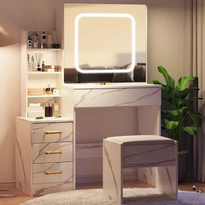 Toeletta con Specchio Scorrevole a LED, 4 Cassetti, Ripiani Portaoggetti, Presa di Corrente e Sgabello, Tavolo da Trucco per Camera da Letto, 3 Colori di Luce